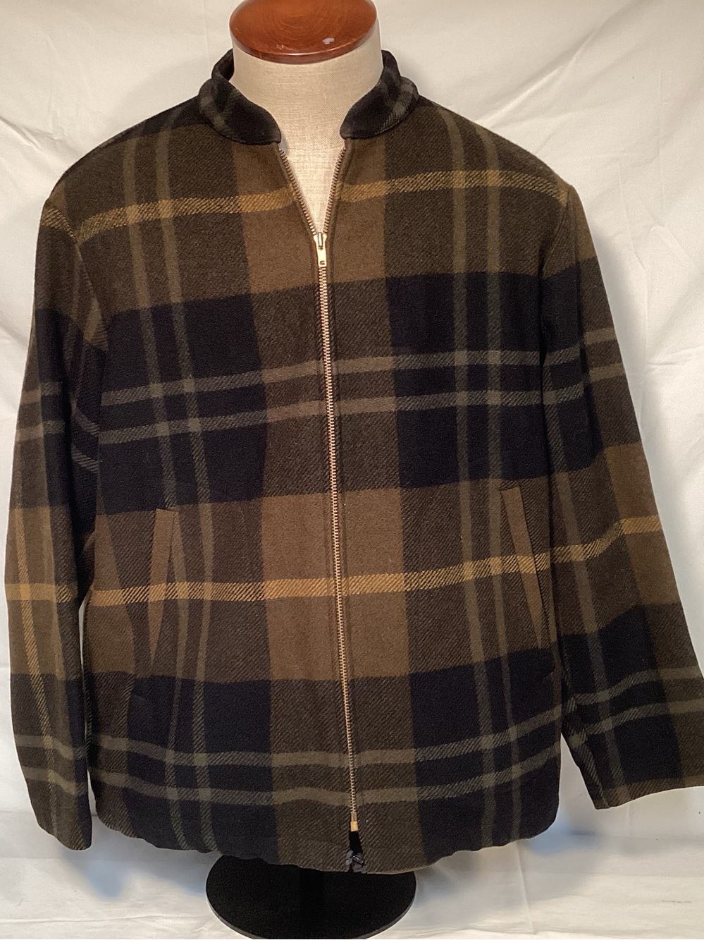 Pendleton Vintage 1960s Mens Green And Black Plaid Wool Zip UP Jacket Size Large